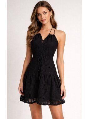 J Crew Dress Women's Size 6 Black Eyelet Beachy Coastal Halter NWT Linen Blend